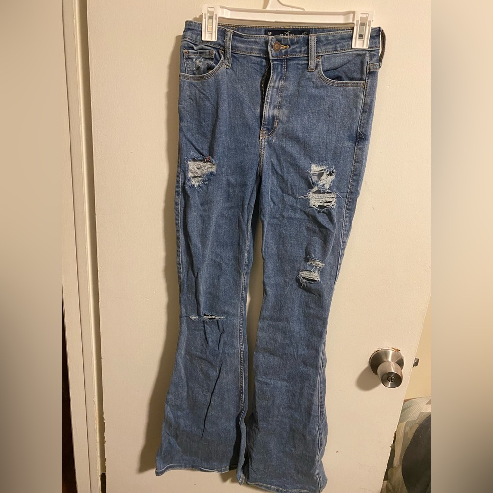 hollister dark blue wash ripped flare jeans